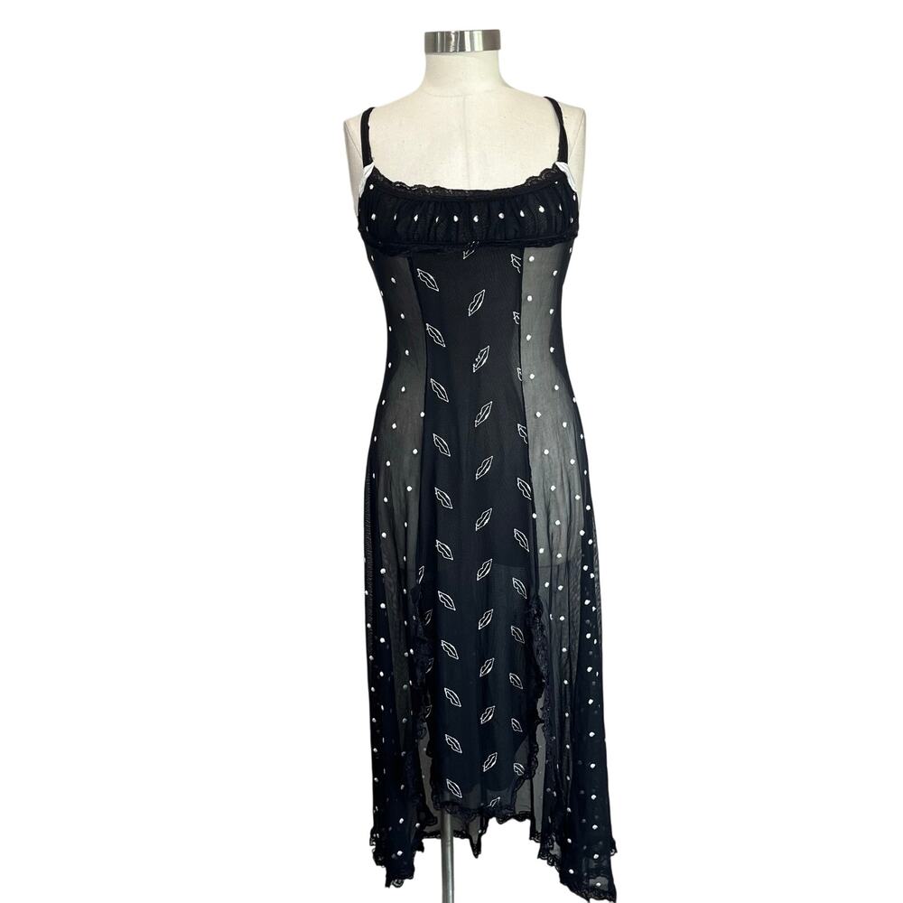 Flora Nikrooz Sheer Vintage Black Slip Dress Y2K Mesh Lip Print Size XS